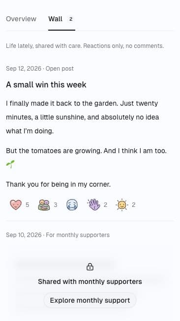 Example mobile Wall with an original garden journal, five caring reaction options, and a locked post for monthly supporters.