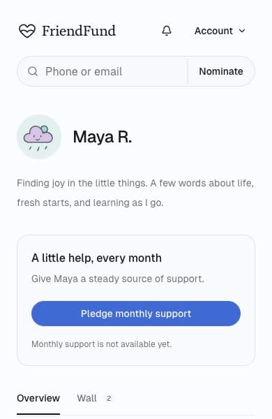 Example mobile profile for Maya R., with a short introduction and a monthly support pledge button.